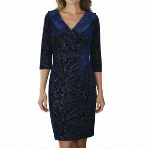 Tahari ASL Dress Size 6 Blue Velvet Burnout 3/4 Sleeve Hidden Back